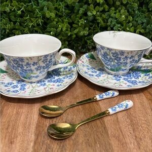 Grace Teaware NWT Blue Floral Tea Cup & Saucer Set with Gold Spoons